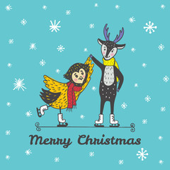 Christmas card with hand drawn reindeer and owl skate.