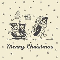 Christmas card with hand drawn owl parent carries children on a sled.