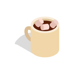 Hot chocolate with marshmallows in a ceramic cup icon in isometric 3d style on a white background