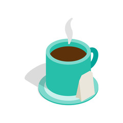Turquoise cup of tea with teabag icon in isometric 3d style on a white background