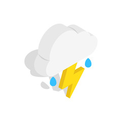 White cloud with lightning and rain drops icon in isometric 3d style on a white background