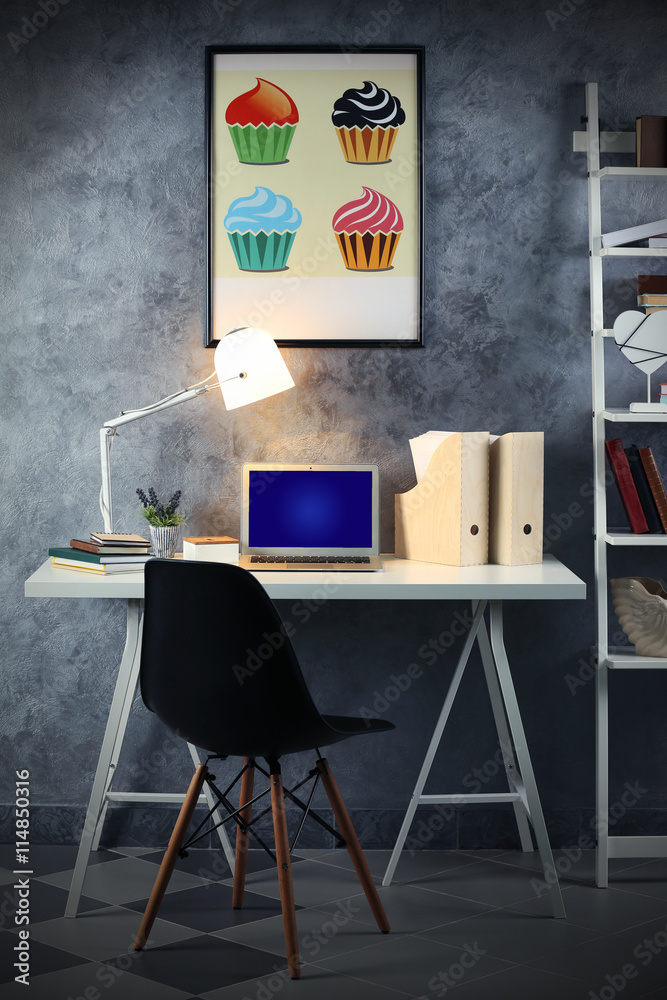 Sticker Interior of modern workplace for designer, indoor