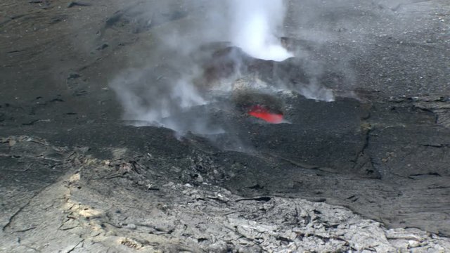 Aerial zoom-out from Puu Oo volcanic vents on Hawaii's Kilauea