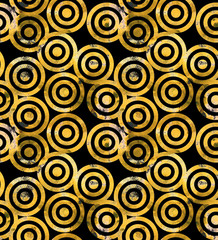 Hand drawn watercolor seamless pattern. Abstract endless background, repeatable backdrop. Golden circles, spirals, elements, trendy design.