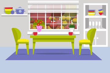 Kitchen with furniture. Cozy kitchen table, window, wardrobe, kitchen utensils vector illustration