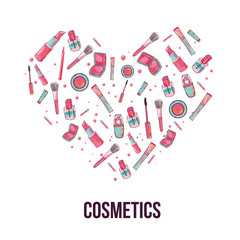 Colorful cosmetic items banner isolated on white background in shape of heart. Top view. Make-up illustration.