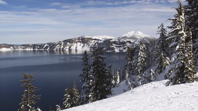 Left pan over Crater Lake in winter