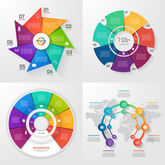 Set of four vector infographic templates. Business, education, industry, science concept with 7 values, options, parts, steps, processes.