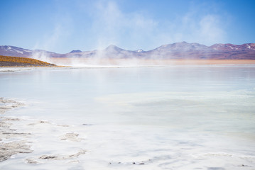 Hot water ponds and frozen lake on the Andes, Bolivia