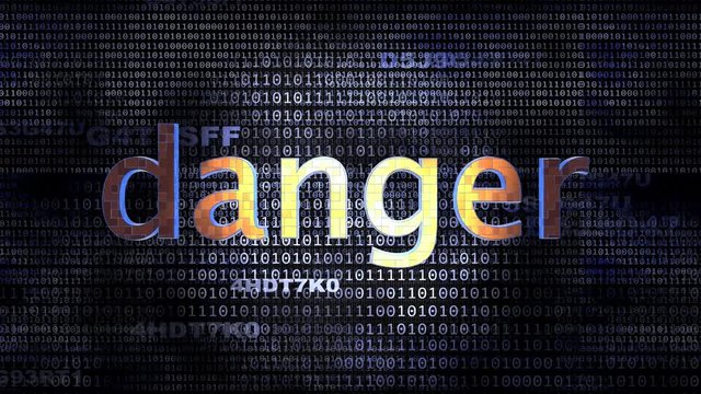 The word Danger in front of a digital background representing executable code.
