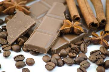 Tiles broken chocolate and coffee beans