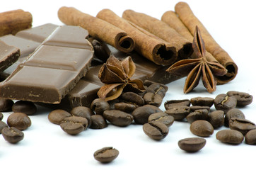 Tiles broken chocolate and coffee beans