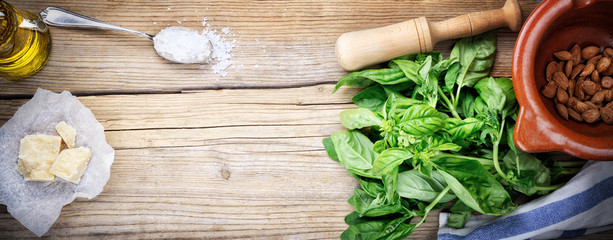 Basil pesto with almonds, parmesan cheese and extra virgin olive oil