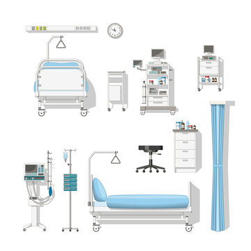 Set with medical furniture and equipment