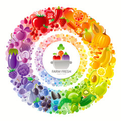 Vegetarian rainbow plate withe fruits, vegetables, nuts, berries. Fruit logo in the centre of circle