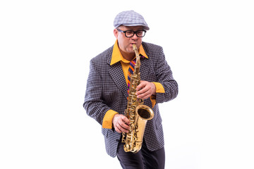 Fototapeta na wymiar Portrait of Passionate Expressive Male Alto Saxophone Player