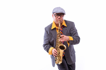 Naklejka premium Portrait of Passionate Expressive Male Alto Saxophone Player