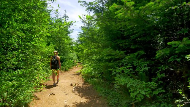 4K Woman Hiking, Backpacker Traveling Down Dirt Path