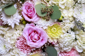 Flower background with rose, dahlia, hortensia and carnation flo