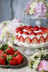 Strawberry cake on cake stand