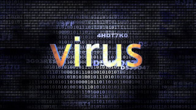 The word Virus in front of a digital background representing executable code.
