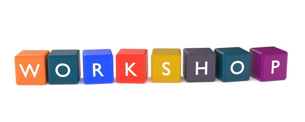 3d illustration of workshop word from colored cubes