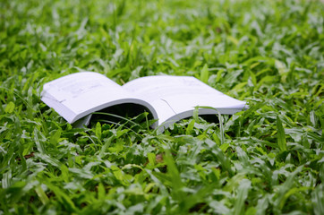 book on grass floor background blur.