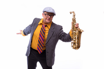 Naklejka premium Portrait of Passionate Expressive Male Alto Saxophone Player
