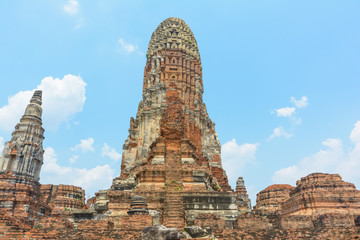 Pagoda in Ayutthaya Historical Park at Thailand with wide angle