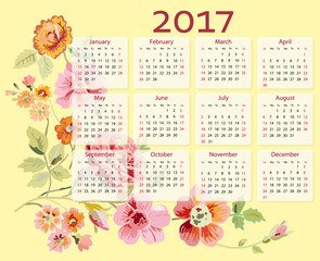 Vector calendar 2017 year with flowers