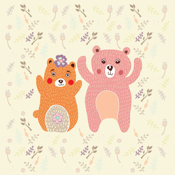 Bear freehand with flower doodle vector