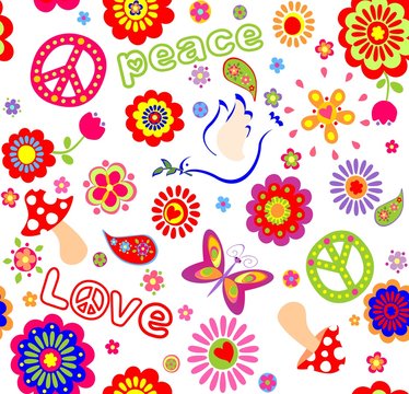Childish seamless wallpaper with colorful abstract flowers, hippie symbolic, mushrooms and dove