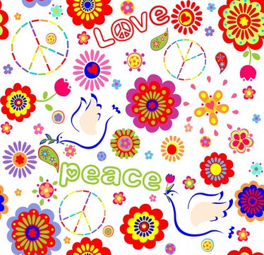 Childish wrapper with embroidered peace symbol, colorful abstract flowers,  and doves