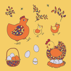 Farm set: chicken, chicks, basket with eggs, nest, twigs