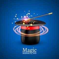 Magic Hat with Magic wand. Vector Magician perfomance. Wizzard show background