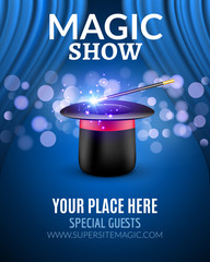 Magic Show poster design template. Magic show flyer design with magic hat and curtains