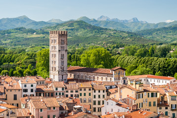 Aerial view of Lucca, in Tuscany, during a sunny afternoon; the bell tower belongs to the San Frediano church