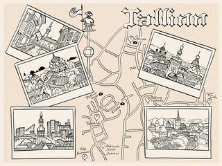 Fototapeta na wymiar Travel book with the most popular types of the Medieval Old Town in sketch style, Tallinn, Estonia