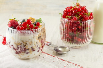 Granola parfait with berry fruit and cream.