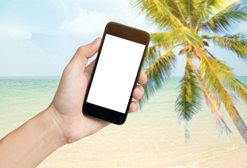 hand holding smartphone white screen with travel weekend 
