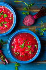 Borsh. Russian and Ucrainian traditional vegetarian red soup. Top view