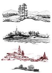 Set terrain, terrain on an isolated white background. Drawing made with ink, black liner. The images - Forest silhouette, villages, mountains, rocks, river, houses.