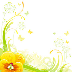 Floral summer background with yellow violet flower, leafs, grass and grunge elements, copy space for your text