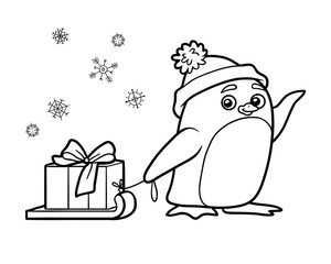 Coloring book, penguin with christmas gift