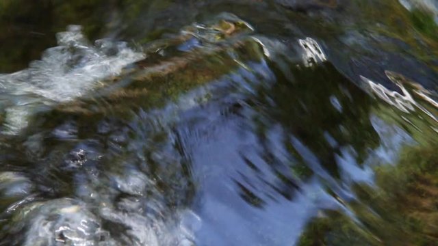 Close-up clear water flowing smoothly over a mossy boulder