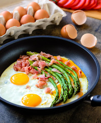 Fried eggs with asparagus and ham on a dark stone board