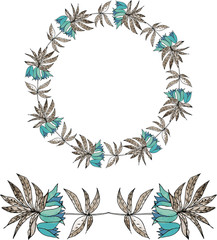 Set of floral watercolor border and wreath