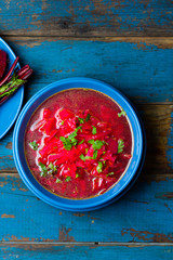 Borsh. Russian and Ucrainian traditional vegetarian red soup. Top view