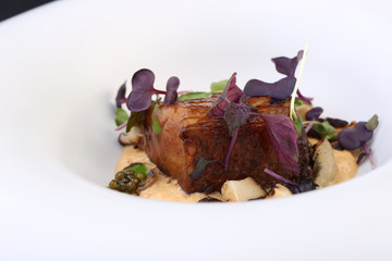 Closeup of fresh grilled beef steak with cream mushroom sauce 