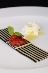 Vegetables with sauce, haute cuisine, gourmet appetizer